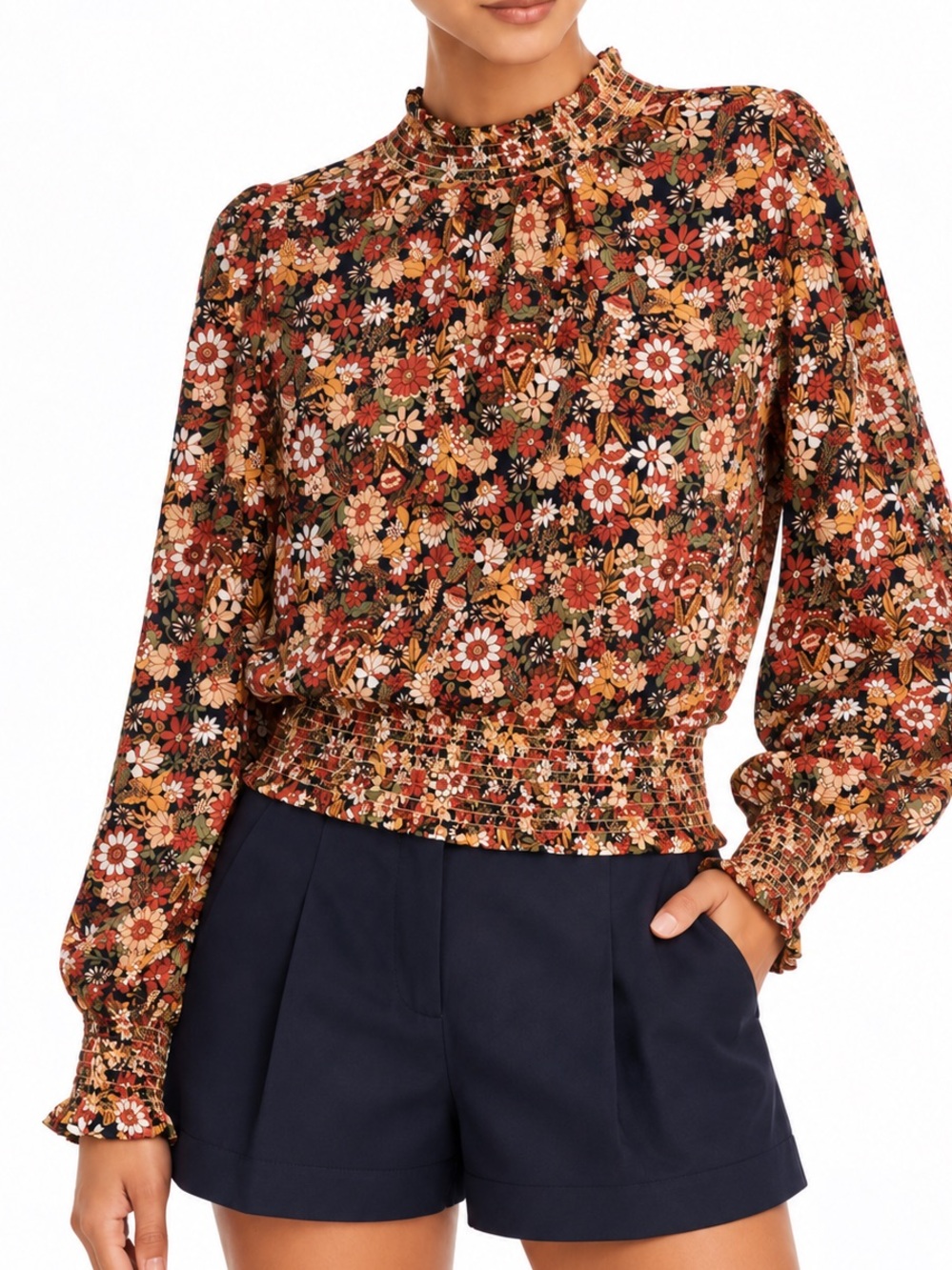 Lost + Wander Retro Floral Smocked Blouse Medium Boho Fall Cottagecore